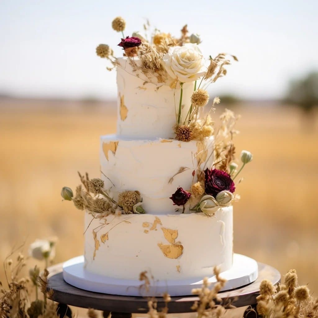 Sabrina and Jeff three-tier white wedding cake with gold leaf, dried grasses, burgundy ranunculus and a white rose, on a dark stand in an open field, 2024