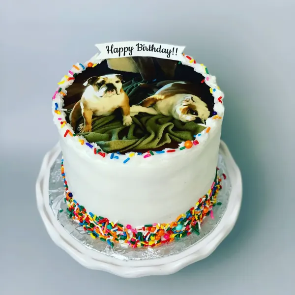 White sprinkle-trimmed cake with an edible photo of two bulldogs and a Happy Birthday banner