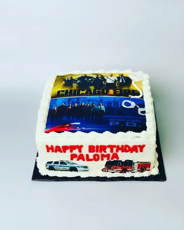 Chicago Fire and Chicago P.D. sheet cake with edible show images and Happy Birthday Paloma in red