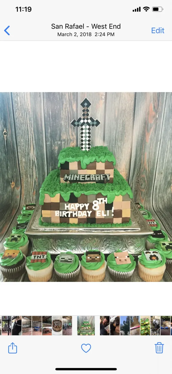 Two-tier Minecraft cake with a diamond sword topper, Happy 8th Birthday Eli and character cupcakes