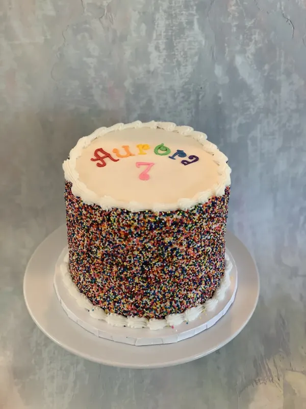 Rainbow nonpareil sprinkle cake with Aurora 7 piped in rainbow letters on top