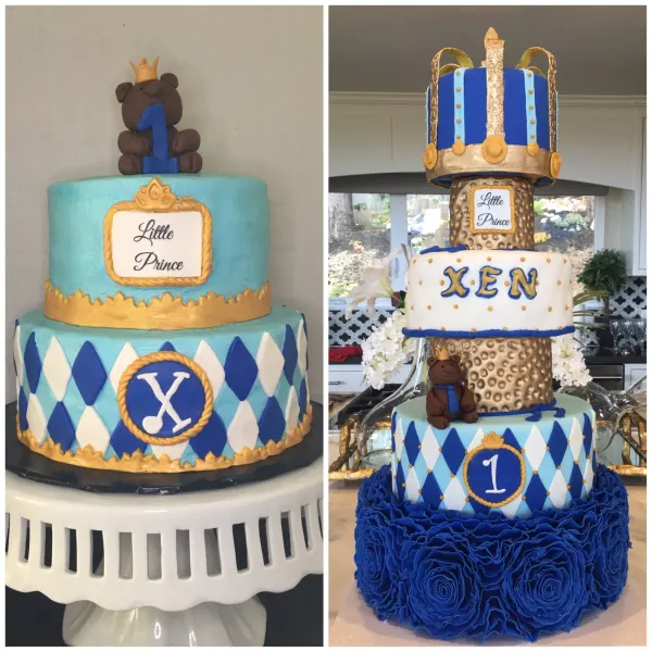 Two Little Prince first birthday cakes side by side with crown toppers, teddy bears and XEN in gold