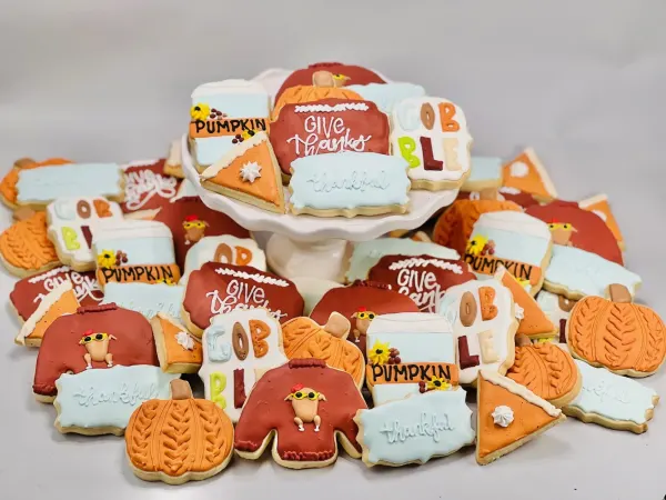 Thanksgiving cookies with pumpkins, pie slices, latte cups and Gobble, Give Thanks and thankful