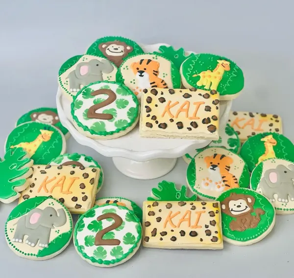 Jungle cookies with tiger, elephant, giraffe and monkey plus leopard print Kai and number 2