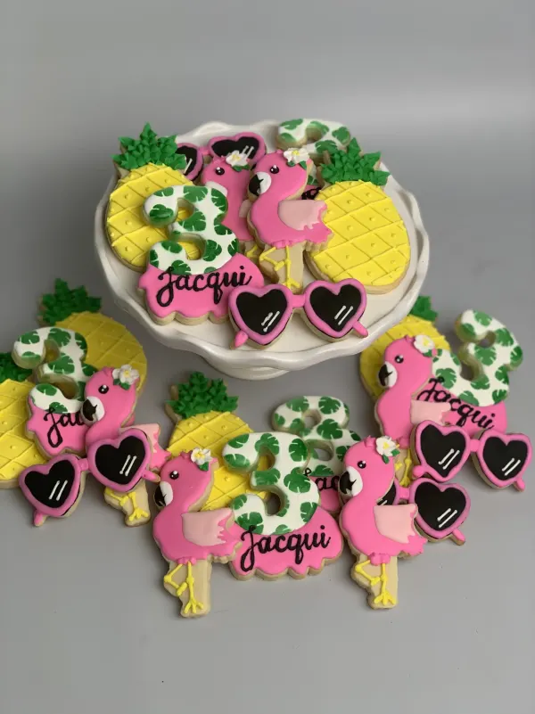 Tropical cookie set with pink flamingos, pineapples, heart sunglasses and a monstera 3 for Jacqui
