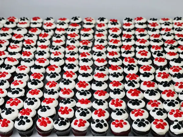 Tray of white-frosted mini cupcakes piped with red and black paw prints