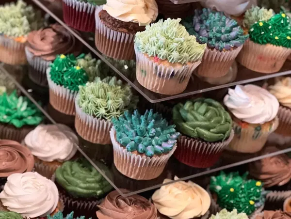 Close-up of piped buttercream succulent and cactus cupcakes in green and teal on a tiered stand