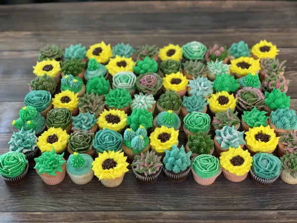 Cupcakes piped as buttercream succulents, cacti and sunflowers in green, teal and yellow