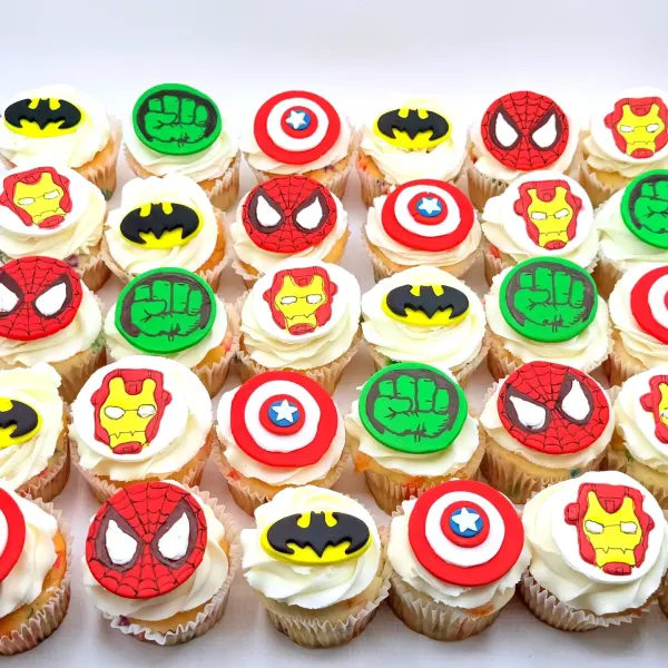 Superhero cupcakes with fondant Spider-Man, Batman, Hulk, Iron Man and Captain America toppers