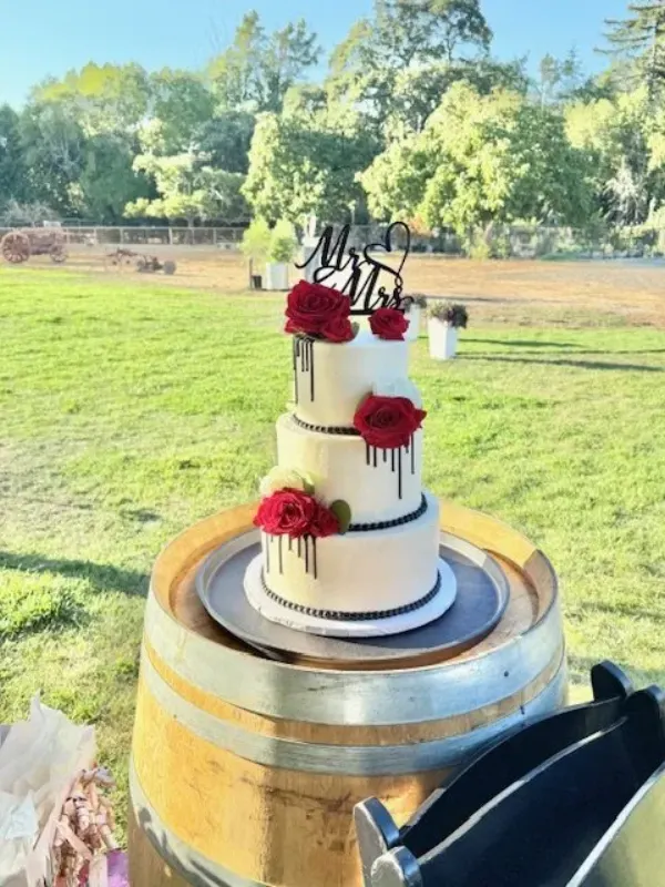 Amy three-tier white wedding cake with dark chocolate drips, deep red roses and a Mr and Mrs topper, standing on a wine barrel in an open field, 2025