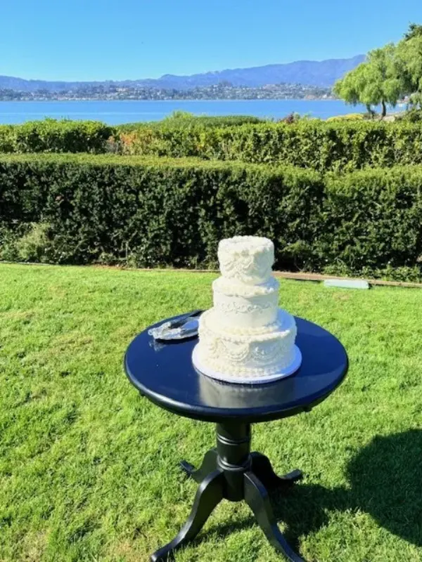 Julia three-tier white wedding cake with piped scrollwork and beading, on a black pedestal table on a lawn above the water, 2025