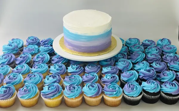 Purple and Blue Ombré Wedding Cake and Cupcakes 2022