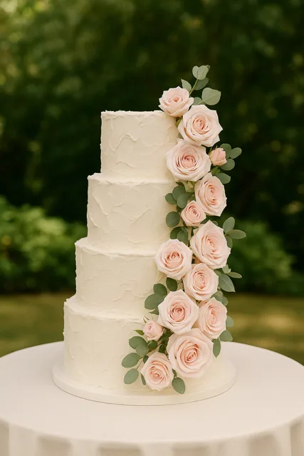 Conner and Caitlin four-tier ivory wedding cake with a cascade of blush roses and eucalyptus down one side, on a round table in a garden, 2025