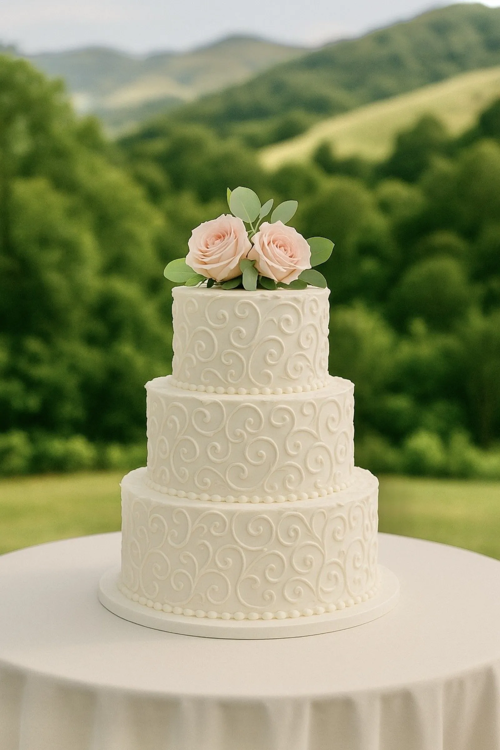 A tall white wedding cake finished with fresh flowers